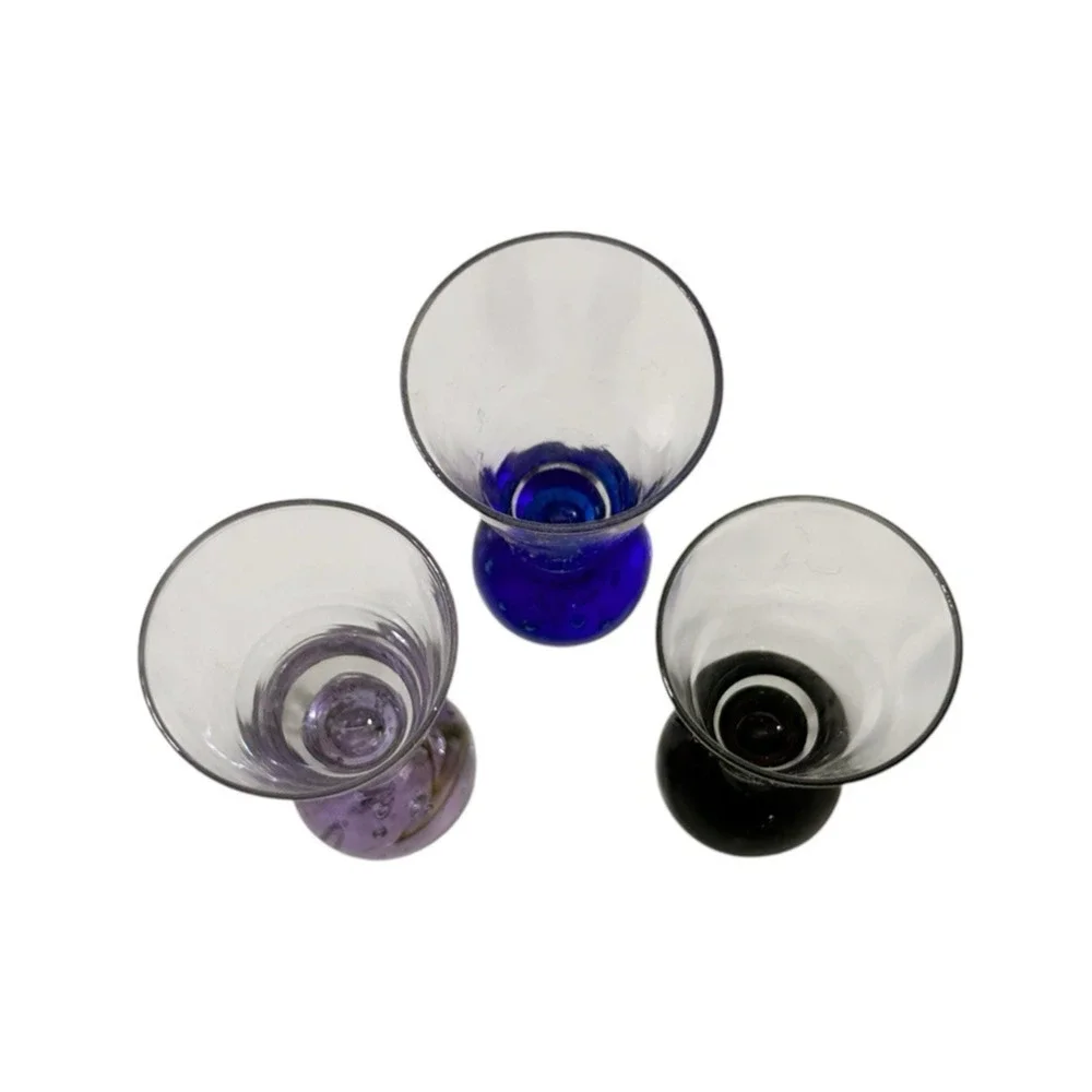 Vtg MCM Set of 3 Cordial Shot Glasses Air Bubble Colored Ball Bottom Bases 4.5 